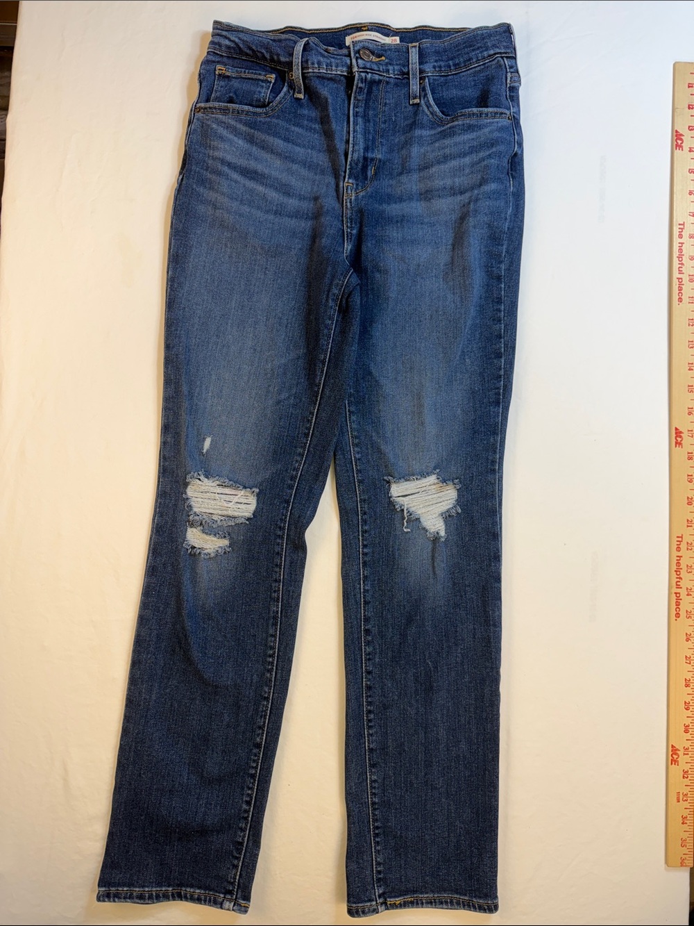Levi's Women's Dark Blue Distressed High Rise Straight-Leg 724 Jeans